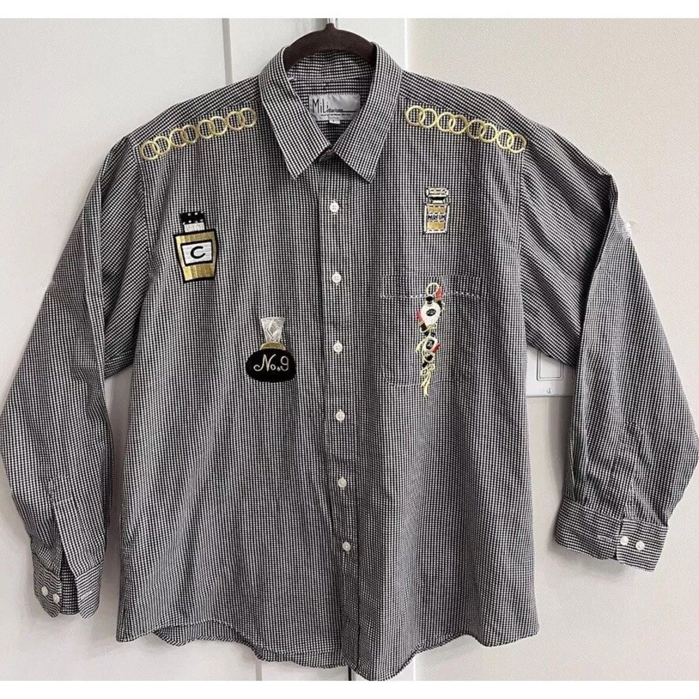 Vtg Mili Designs‎ Button Down Shirt Black White Embellished Patches Womens Large